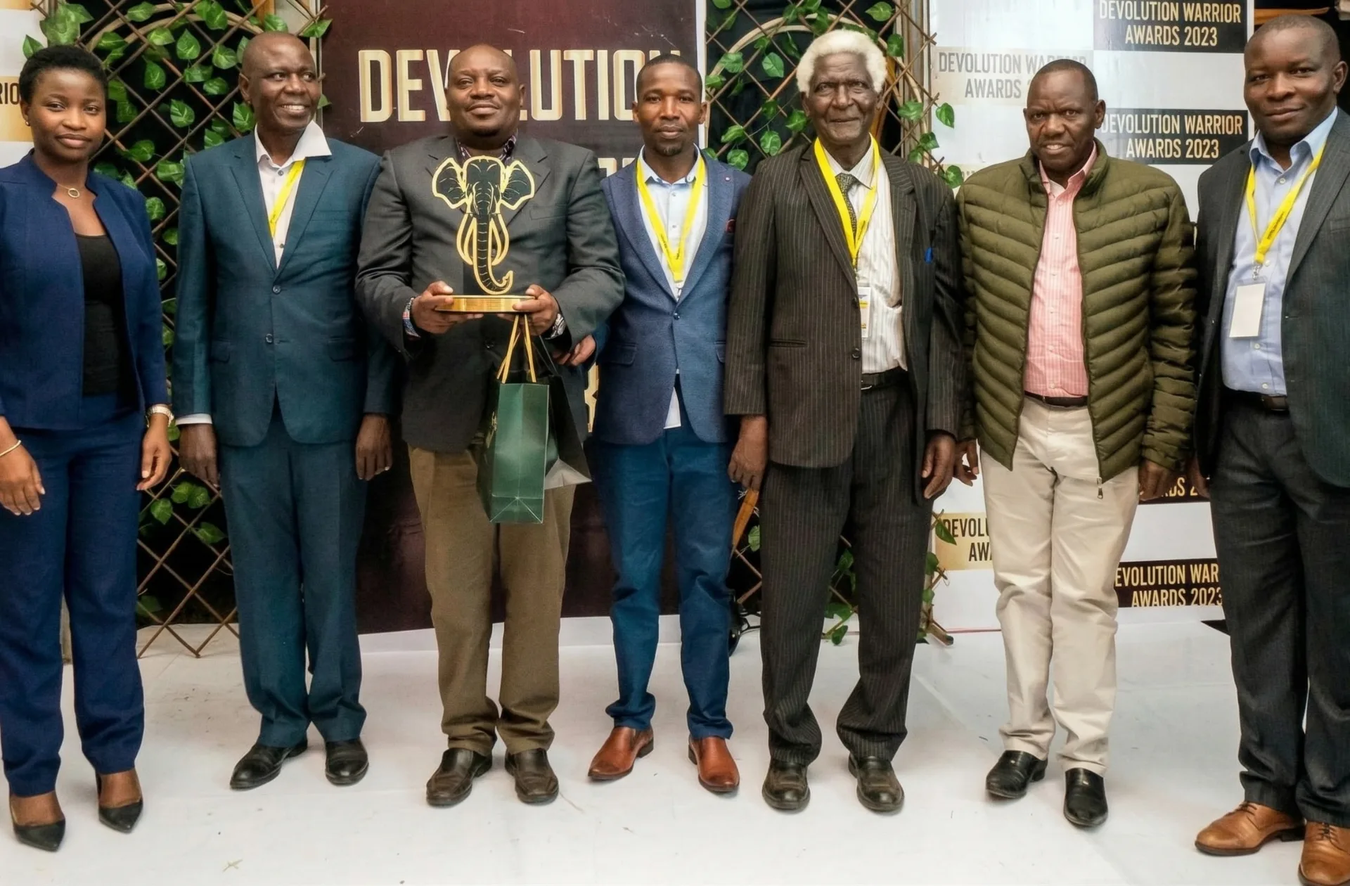 IDF staff receiving the Ndovu Award 2023 for outstanding community governance work in Homa Bay County
